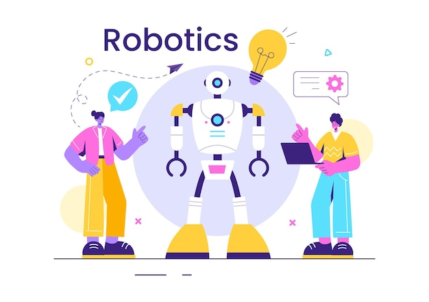 Illustration vectorielle de la robotique des robots d'intelligence artificielle communiquant avec la technologie et l'ingénierie dotés d'une ampoule et d'engrenages