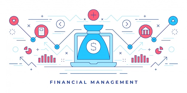 Illustration Vectorielle, Sac D'argent Sur Ordinateur Portable Et Icônes Pour La Promotion De La Gestion Financière