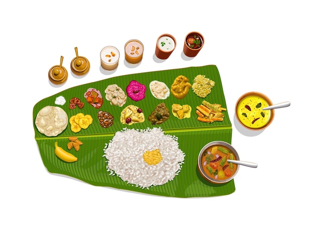 Illustration Vectorielle De Sadhya, Repas Végétarien De L'inde Du Sud Organisé De Manière Traditionnelle.