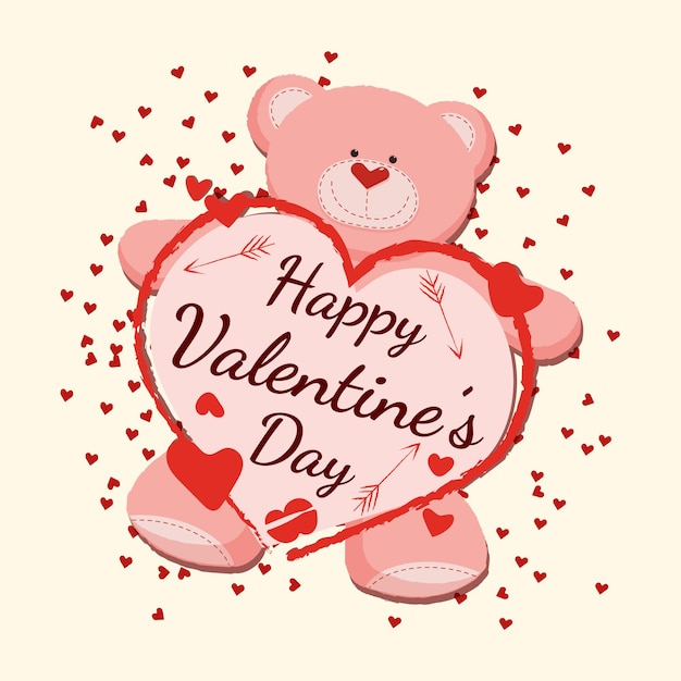 Illustration vectorielle de la Saint-Valentin avec coeurs d'ours en peluche et lettrage