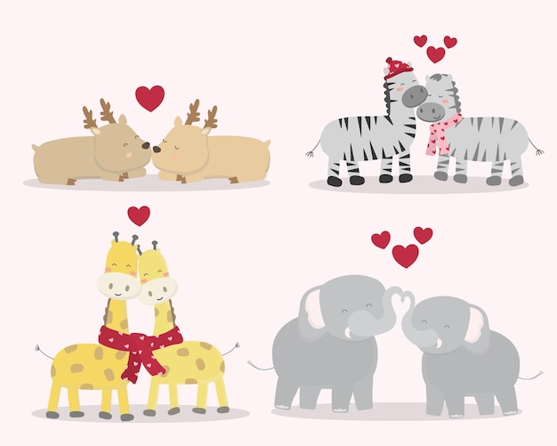 Vecteur illustration vectorielle de la saint-valentin quatre amoureux des animaux aimables avec beaucoup de coeurs pour le graphiste créent une brochure de cartes d'œuvres d'art pour diverses invitations ou salutations