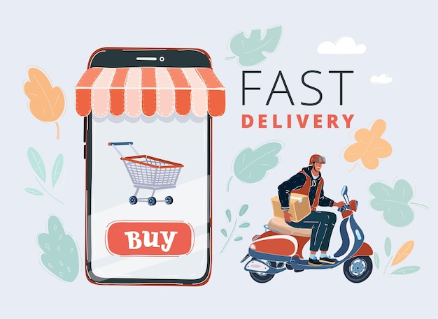 Illustration vectorielle de scooter de livraison avec courrier isolé sur blanc écran de smartphone shopping en ligne