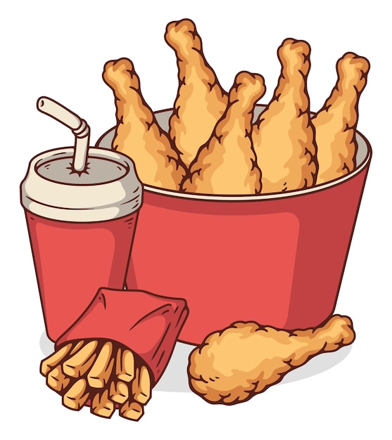 illustration vectorielle un seau de poulet frit avec soda et frites