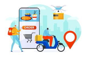Illustration vectorielle de service de livraison de restauration rapide par courrier expédition de commande express par l'homme au drone de vélo et transport en ligne plat
