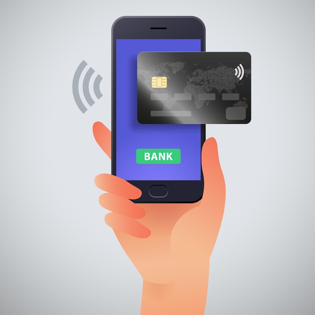 Illustration Vectorielle De Services Bancaires Mobiles Avec Une Main Tenant Un Smartphone Et Une Carte De Crédit