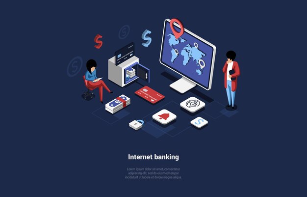 Illustration vectorielle des services bancaires par Internet dans un style 3D de dessin animé sur fond sombre. Conception Isométrique Conceptuelle Avec Des Caractères Et L'écriture. Programme en ligne, Site Web pour les besoins financiers, Service d'assistance à la clientèle