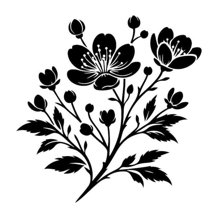 Vecteur illustration vectorielle de la silhouette florale en noir et blanc