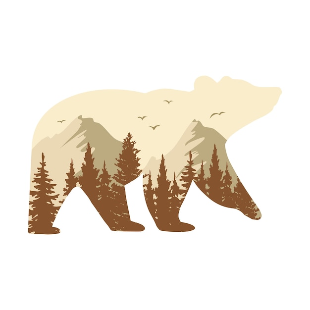 Illustration Vectorielle De Silhouette De Forêt D'ours Et De Montagne