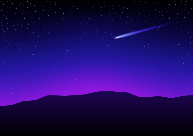 Illustration vectorielle de silhouette de montagne avec étoile filante dans le ciel étoilé