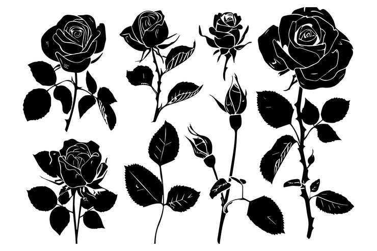 Vecteur illustration vectorielle des silhouettes de roses les bourgeons et les tiges noirs des roses sont isolés sur du blanc.