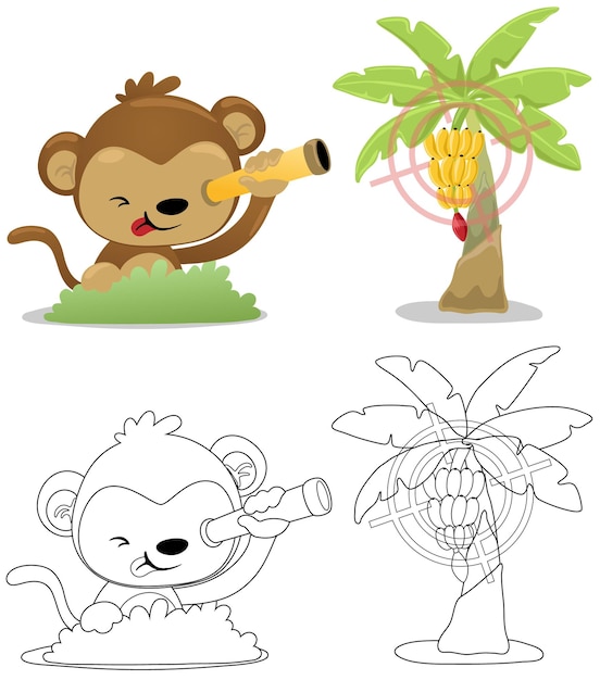 Vecteur illustration vectorielle de singe de dessin animé avec des jumelles regardant le livre de coloriage ou la page de bananier pour les enfants