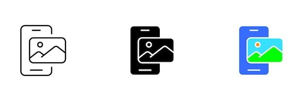 Une illustration vectorielle d'un smartphone avec une icône de galerie qui représente la galerie de photos et de vidéos de l'appareil Ensemble vectoriel d'icônes en ligne de styles noirs et colorés isolés