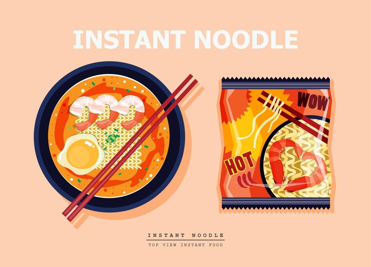 Illustration vectorielle soupe de nouilles instantanées asiatiques dans un sac et un bol en aluminium d'emballage