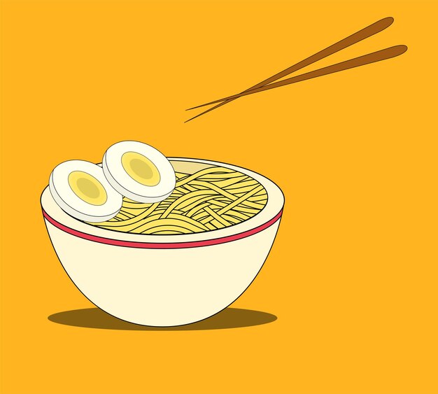 Vecteur illustration vectorielle de soupe de nouilles jaunes dans un bol mangeant des nouilles avec des baguettes