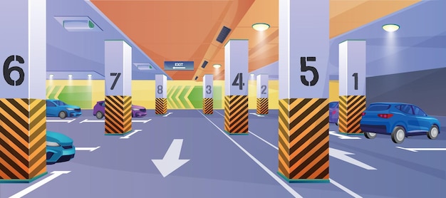 Vecteur illustration vectorielle de stationnement souterrain de voitures conception intérieure 3d avec des voitures stationnées