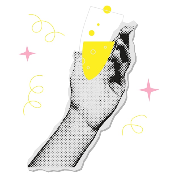 Illustration vectorielle de style collage à demi-ton de la fête du Nouvel An en tenant un verre de champagne à la main