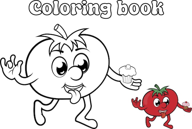 Illustration Vectorielle De Style Dessin Animé Coloriage D'une Tomate Mangeant Un Bonbon