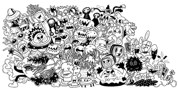 Illustration Vectorielle De Style De Dessin Animé De Monstre Mignon Doodle