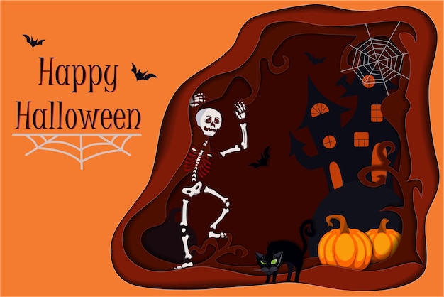Illustration Vectorielle De Style Papercut 3d à La Mode Lettrage Happy Halloween Squelette De Citrouilles Traditionnelles