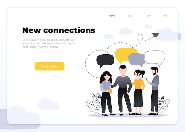 Illustration Vectorielle, Style Plat, Groupe De Personnes Discutent Du Réseau Social, Des Actualités, Du Chat, Des Bulles De Dialogue. Plantez Des Feuilles Et Des Nuages En Arrière-plan.