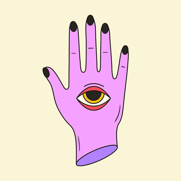 Vecteur illustration vectorielle surréaliste de la main avec oeil psychédélique graphique groovy des années 70 funky acid art