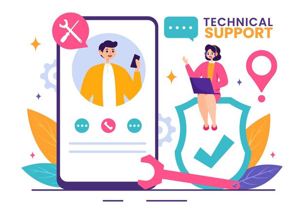 Illustration vectorielle d'un système de support technique mettant en vedette le service à la clientèle et l'aide technologique au développement de logiciels sur un fond de dessin animé plat