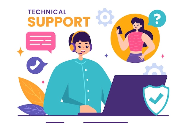 Illustration vectorielle d'un système de support technique mettant en vedette le service à la clientèle et l'aide technologique au développement de logiciels sur un fond de dessin animé plat