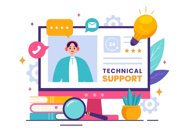 Illustration vectorielle d'un système de support technique mettant en vedette le service à la clientèle et l'aide technologique au développement de logiciels sur un fond de dessin animé plat