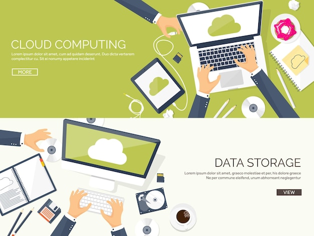Illustration vectorielle table de travail avec documents ordinateur plat cloud computing support d'arrière-plan