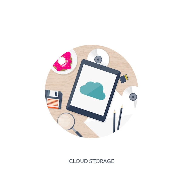 Illustration vectorielle table de travail avec documents ordinateur plat cloud computing support d'arrière-plan