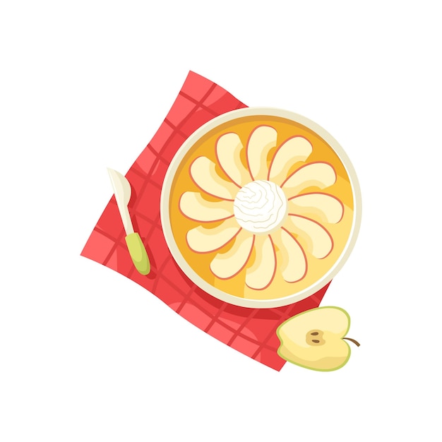 Illustration Vectorielle D'une Tarte Aux Pommes Avec Une Boule De Crème Glacée Sur Une Nappe Rouge Mise à Plat