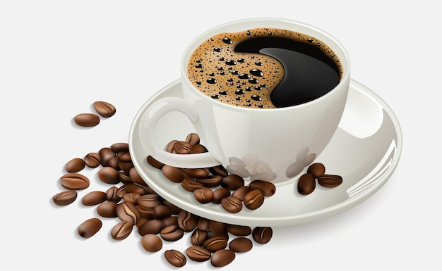 Illustration vectorielle d'une tasse de café blanche avec des grains de café dispersés sur fond blanc