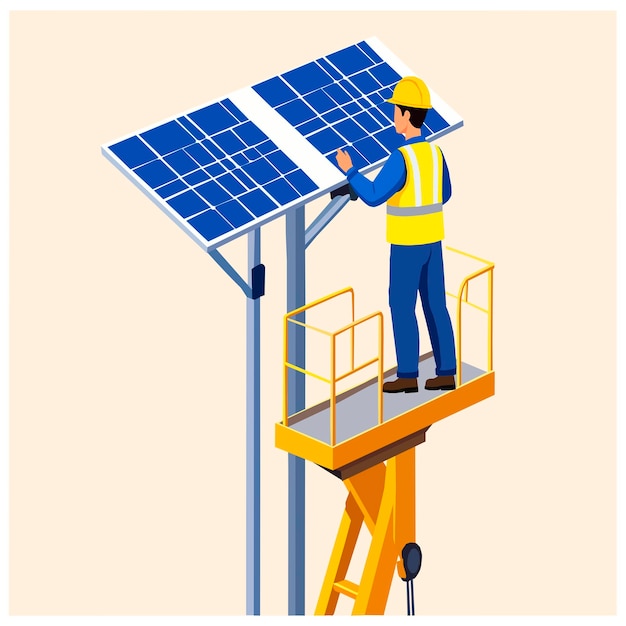 Illustration vectorielle d'un technicien portant un casque et un gilet de sauvetage sur une plate-forme de levage installée