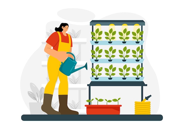 Illustration vectorielle de la technologie hydroponique présentant un environnement de serre pour la culture de plantes vertes dans des conditions contrôlées en arrière-plan