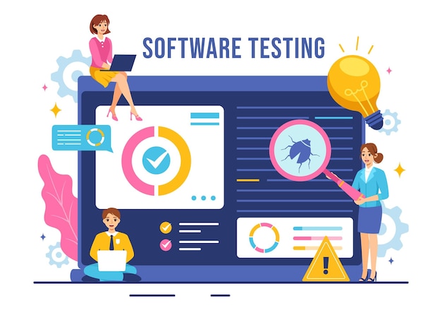 Illustration vectorielle de test logiciel mettant en vedette l'ingénierie d'application le débogage du processus de développement la programmation et le codage dans un fond plat