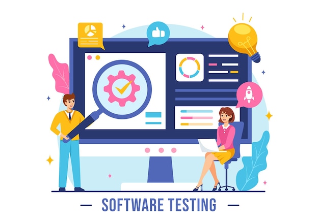 Illustration vectorielle de test logiciel mettant en vedette l'ingénierie d'application le débogage du processus de développement la programmation et le codage dans un fond plat