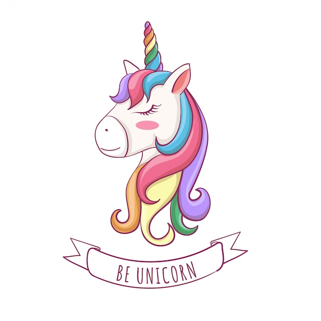 Illustration vectorielle de tête mignonne de licorne avec arc-en-ciel de cheveux.