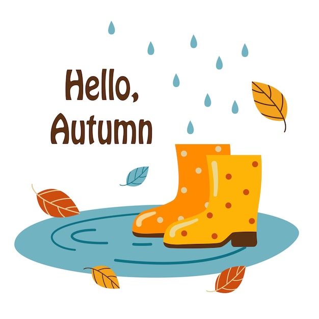 Illustration vectorielle sur un thème d'automne, bottes en caoutchouc dans une flaque d'eau.