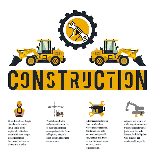 Illustration Vectorielle Sur Le Thème D'un Chantier De Construction Icônes Et Modèle De Texte Logo Du Chargeur Et Mains Tenant Une Clé Bannière Avec La Production D'informations Société De Publicité Style Plat