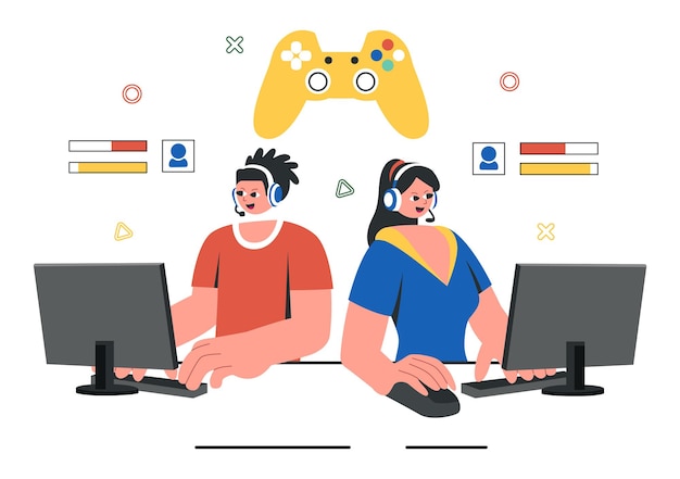 Illustration vectorielle d'un tournoi d'e-sports mettant en vedette deux joueurs en compétition dans un jeu en ligne pour une compétition de cyber-sports à l'intérieur d'une arène de jeu