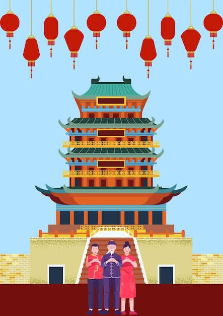Illustration vectorielle de trois familles mur de maison chinoise pour le festival du Nouvel An chinois