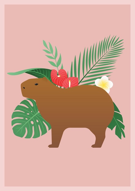 Vecteur illustration vectorielle tropicale avec un capybara et des plantes