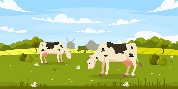 Vecteur illustration vectorielle d'un troupeau de vaches dans le style de dessin animé pasture pour un groupe d'animaux en plein air les buissons d'herbe et les arbres poussent sur le champ la vie rurale