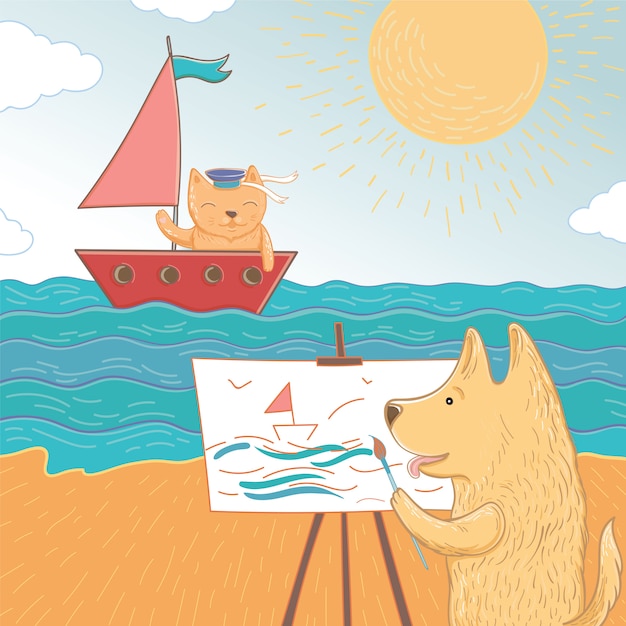 Illustration Vectorielle De Vacances D'été En Mer. Joli Chien Et Chat Passent Leurs Vacances En Mer. Modèle De Carte De Voeux.