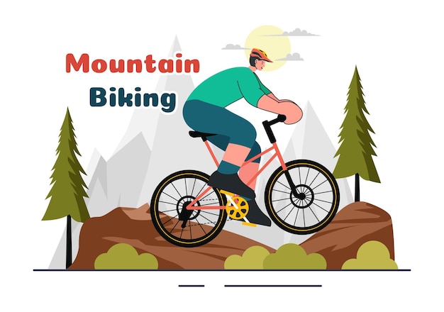 Illustration vectorielle de vélo de montagne mettant en vedette des cyclistes descendant les montagnes pour les loisirs sportifs et un mode de vie sain sur un fond plat