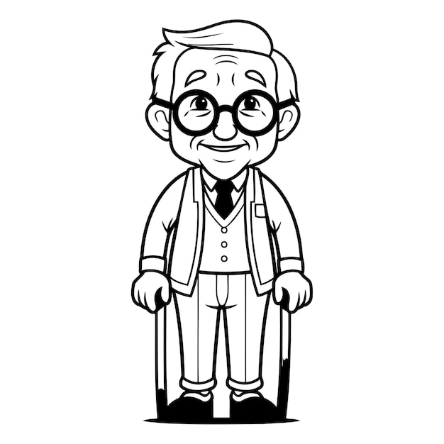Vecteur illustration vectorielle d'un vieil homme avec des lunettes version noir et blanc