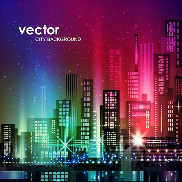 Vecteur illustration vectorielle de la ville de nuit avec une lueur au néon et des couleurs vives