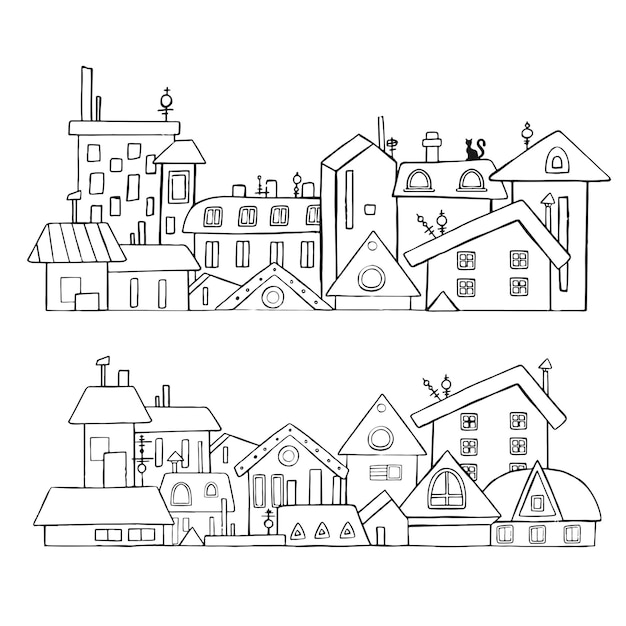 Illustration Vectorielle De La Ville, De La Ville Et De La Campagne En Style Linéaire - Bâtiments, Gratte-ciel, église, Usine, Grange. Icônes D'art En Ligne Mince. Illustration Vectorielle