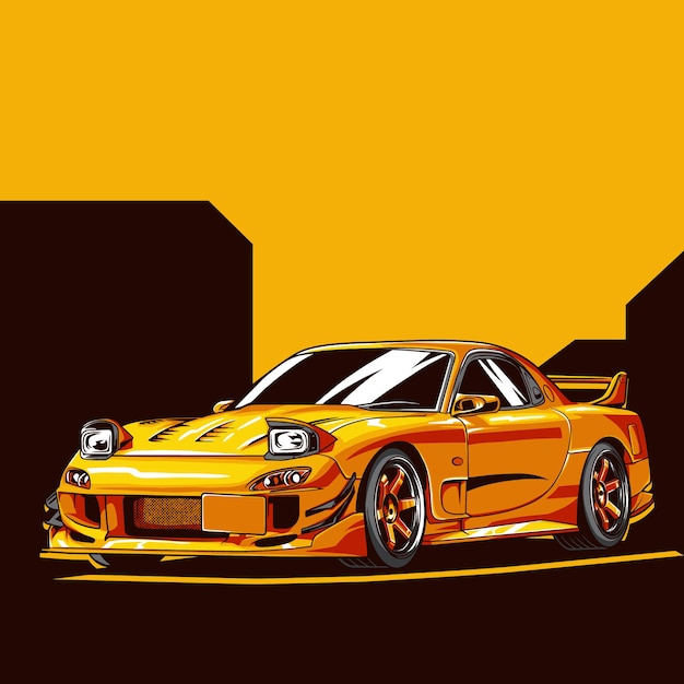 Illustration vectorielle d'une voiture JDM modifiée sur un fond orange en utilisant un style dessiné à la main