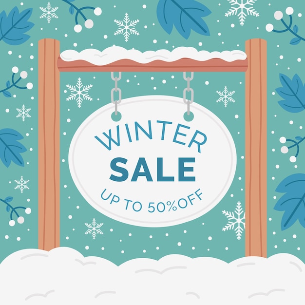 Illustration de vente d'hiver plat dessiné à la main avec panneau en bois
